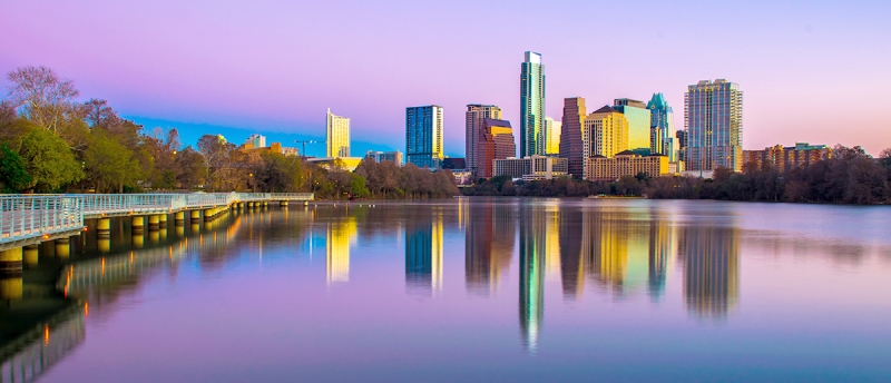 Austin Running Trail, Lake, and Skyline at Dusk by artist Bryan Roschetzky